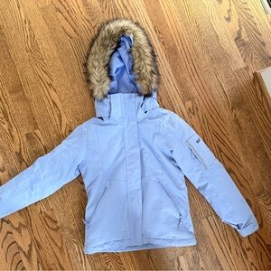 ROXY MEADE GIRLS SNOW JACKET- Light Blue Hooded Winter Parka with Faux Fur Trim